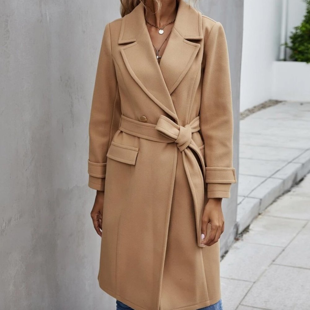 camel tan winter peacoat trench long jacket nude